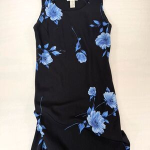 Vintage 90s Black and Blue Floral Midi Maxi Sleeveless Dress Size 10